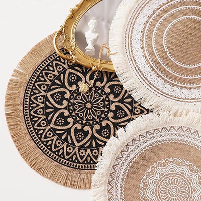 Boho Style Round Embroidery Placemat Set